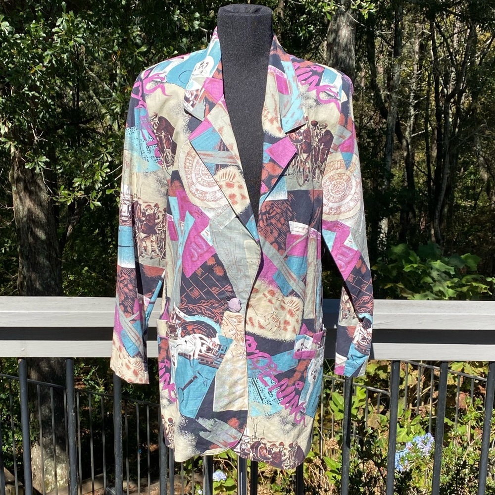 Vintage 90s Oversized Novelty Antique Car Cyclist Tennis Player Linen Blazer